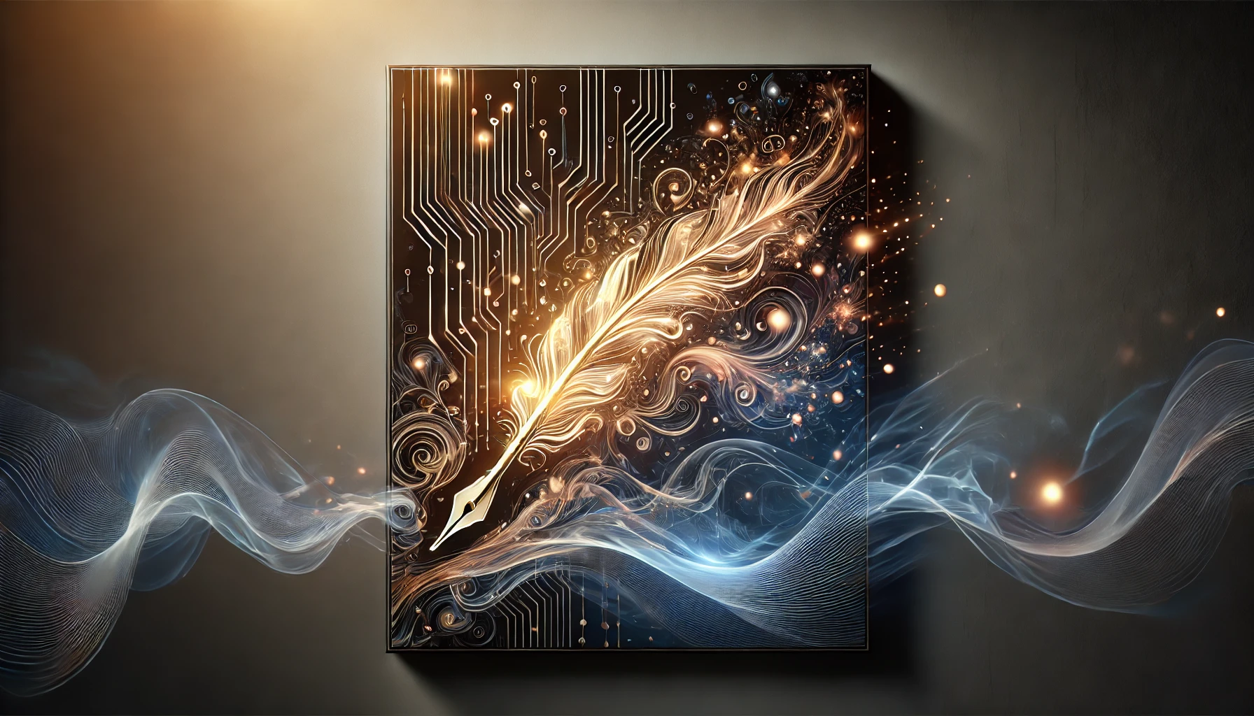 Abstract digital artwork symbolizing the synergy between human creativity and AI, featuring flowing ink lines merging with glowing digital circuits against a deep blue and soft white gradient background, evoking innovation and collaboration.